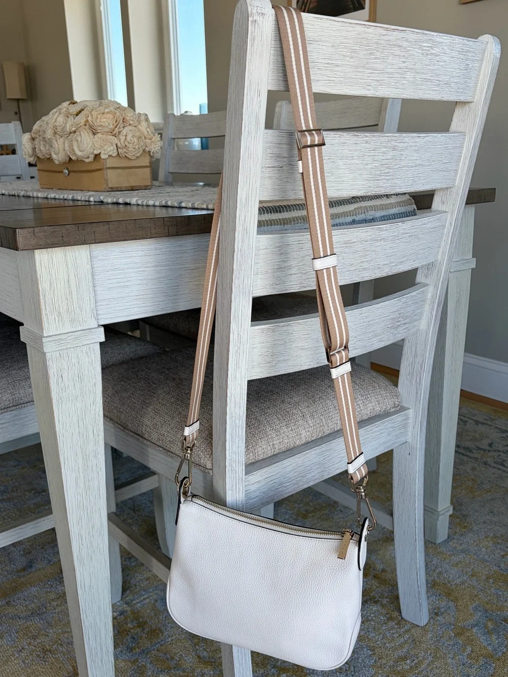 Kate Spade Ivory White Pebbled Leather Crossbody with Tan Striped Strap Like New